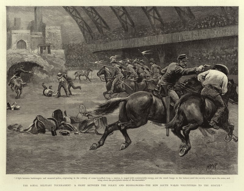 Kraliyet Askeri Turnuvası, Polis ve Bushrangers Arasında Bir Dövüş, Yeni Güney Galler Kurtarma Gönüllüleri by Henry Marriott Paget