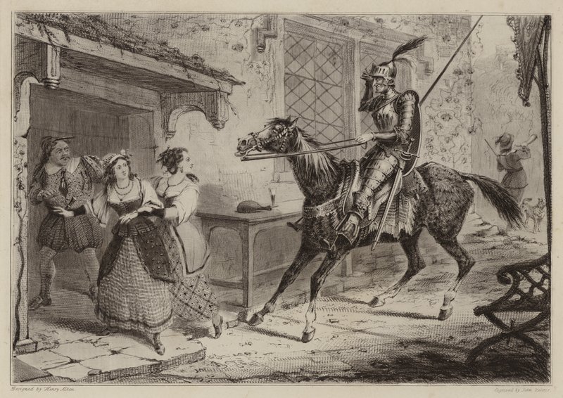 Knight (Don Quixote) arriving at inn  by Henry Thomas Alken