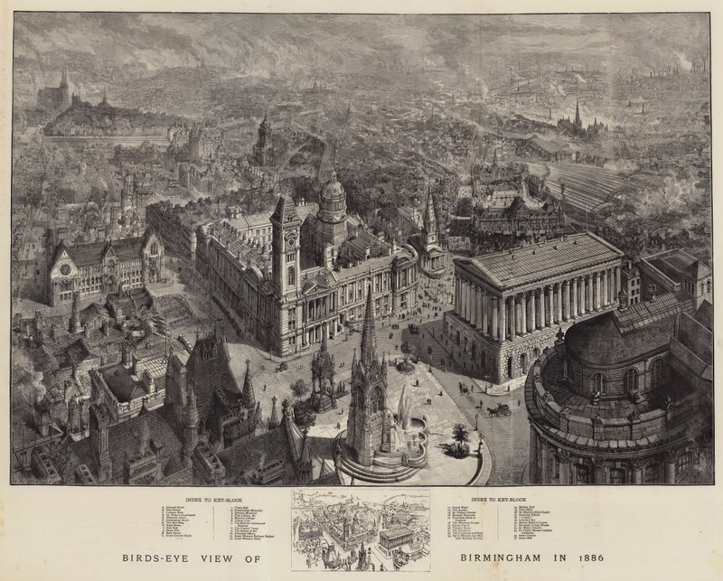 1886'da Birmingham'ın Kuş Bakışı Görünümü by Henry William Brewer