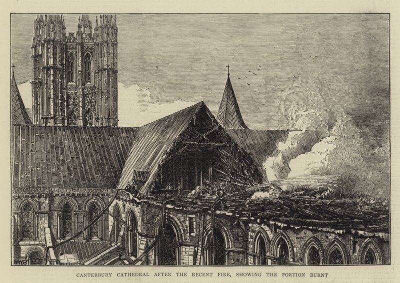 Son Yangından sonra Canterbury Katedrali, yanmış kısmı gösteren by Henry William Brewer