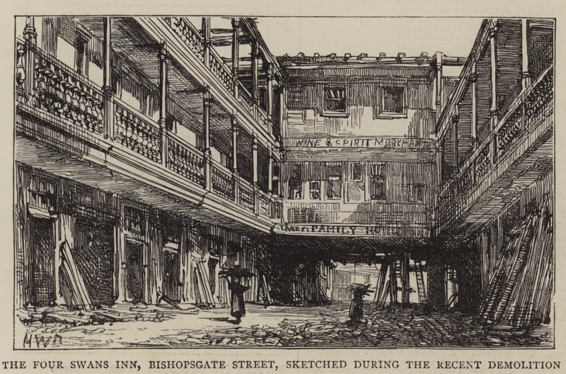 The Four Swans Inn, Bishopsgate Caddesi, Son Yıkım sırasında çizilmiş by Henry William Brewer