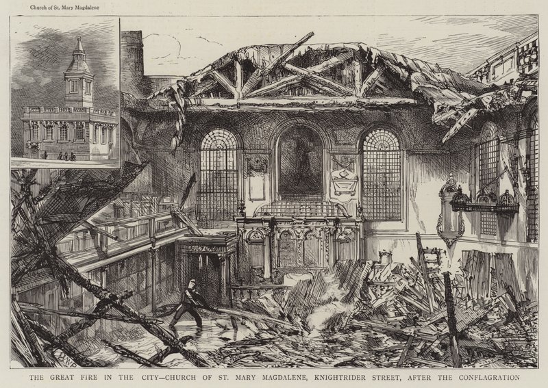 Şehirdeki Büyük Yangın, St Mary Magdalene Kilisesi, Knightrider Caddesi, Yangından Sonra by Henry William Brewer