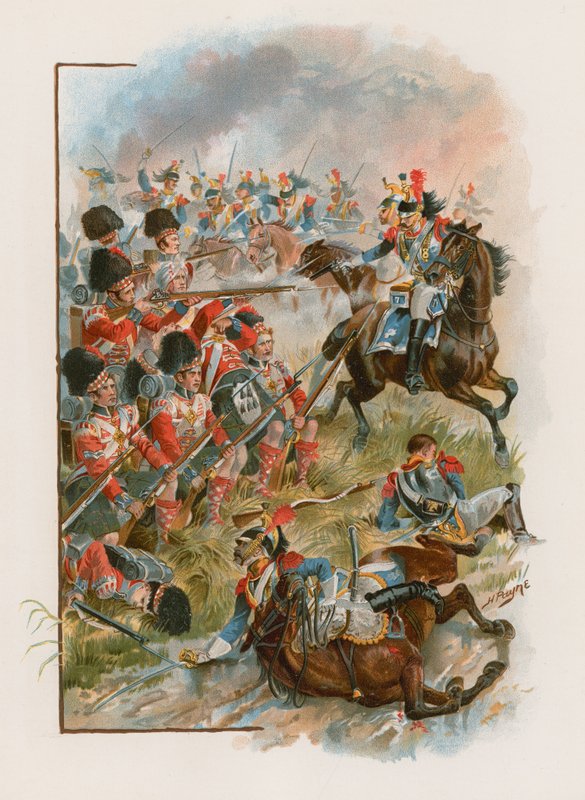 Fransız süvari askerleri tarafından Quatre Bras'ta suçlanan 42. Highlanders Meydanı, 16 Haziran 1815 (chromolitho) by Henry A. Payne
