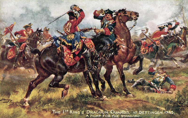 Kralların Atı, şimdi 1. (Krallar) Ejderha Muhafızları, Dettingen Savaşı, Haziran 1743 by Henry A. Payne