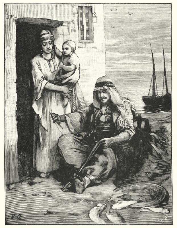 Ağlarını onaran bir balıkçı, Tiberias Denizi (lito) by Henry Andrew Harper