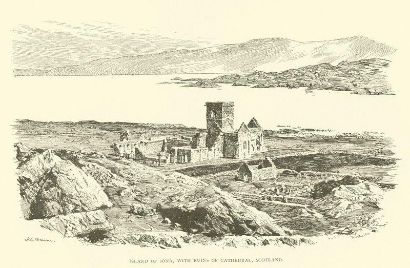 Iona Adası, Katedral kalıntıları ile İskoçya (gravür) by Henry Charles Brewer