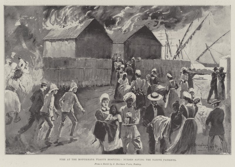 Modykhana Veba Hastanesinde Yangın, Yerli Hastaları Kurtaran Hemşireler by Henry Charles Seppings Wright