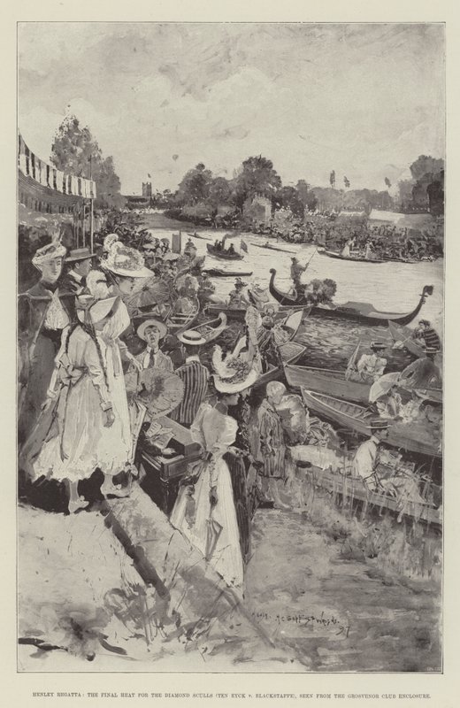 Henley Regatta, Diamond Sculls için Final Heat (Ten Eyck - Blackstaffe), Grosvenor Club Muhafazasından görüntülendi by Henry Charles Seppings Wright