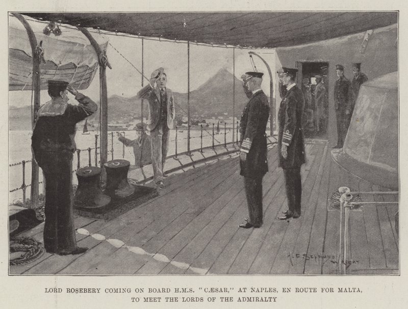 Lord Rosebery, Amirallik Lordları ile buluşmak üzere Malta Yolunda, Napoli'de HMS Caesar'a biniyor by Henry Charles Seppings Wright