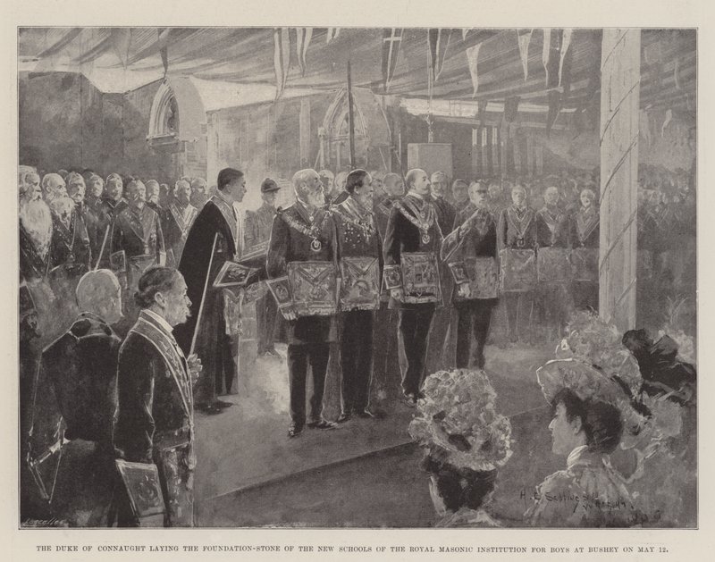 Connaught Dükü, 12 Mayıs'ta Bushey'de Kraliyet Masonik Erkek Çocukları Enstitüsü'nün Yeni Okullarının Temel Taşını Döşüyor by Henry Charles Seppings Wright