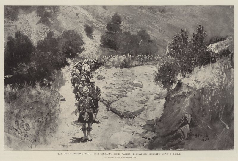The Indian Frontier Rising, Camp Sheranni, Tochi Valley, Highlanders bir Defile'de yürüyor by Henry Charles Seppings Wright