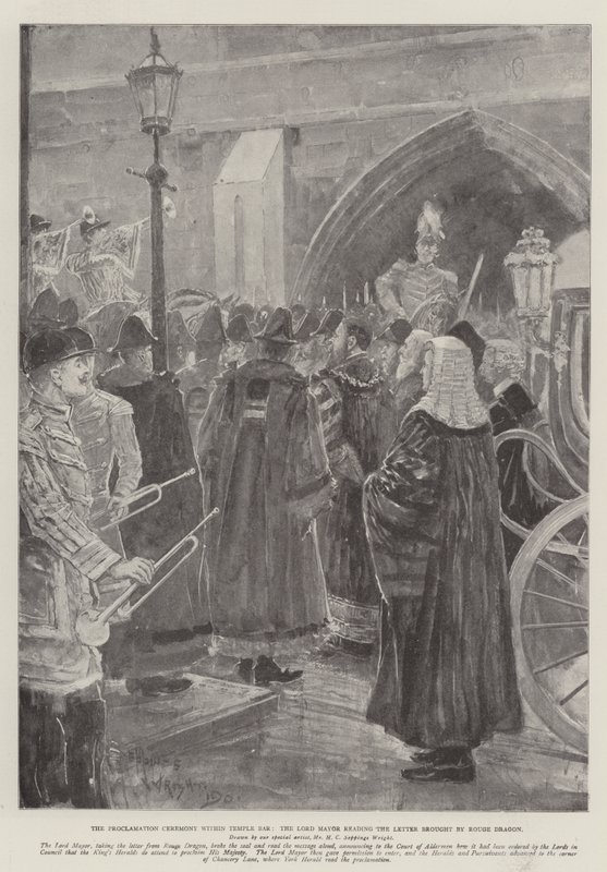 Temple Bar'daki Duyuru Töreni, Lord Mayor, Rouge Dragon tarafından getirilen Mektubu okurken by Henry Charles Seppings Wright