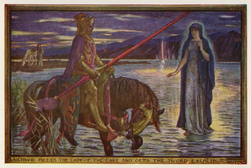 Arthur, Gölün Hanımı ile tanışır ve Excalibur Kılıcını (renkli taş) alır. by Henry Justice Ford
