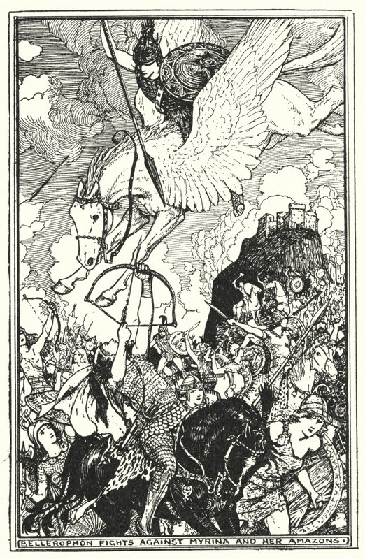 Bellerophon, Myrina ve Amazonlarına (lito) karşı savaşır by Henry Justice Ford