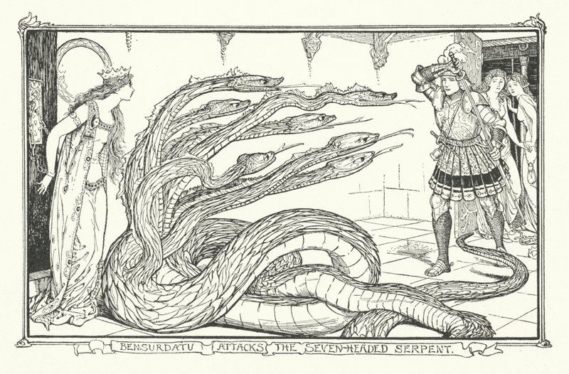 Bensurdatu Yedi Başlı Yılana Saldırır (gravür) by Henry Justice Ford
