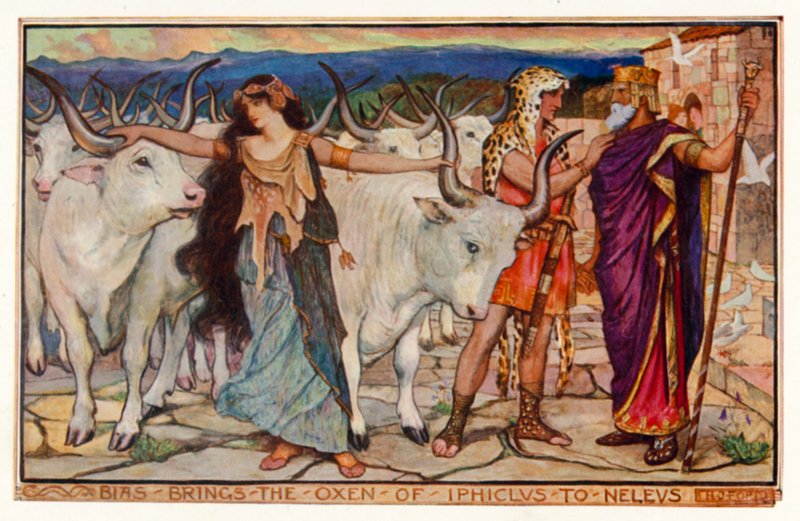 Bias, Iphiclus öküzünü Neleus'a getirir (renkli taş) by Henry Justice Ford
