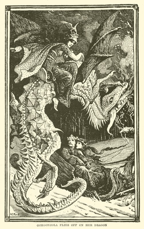 Gorgonzola Ejderhası üzerinde uçuyor (gravür) by Henry Justice Ford