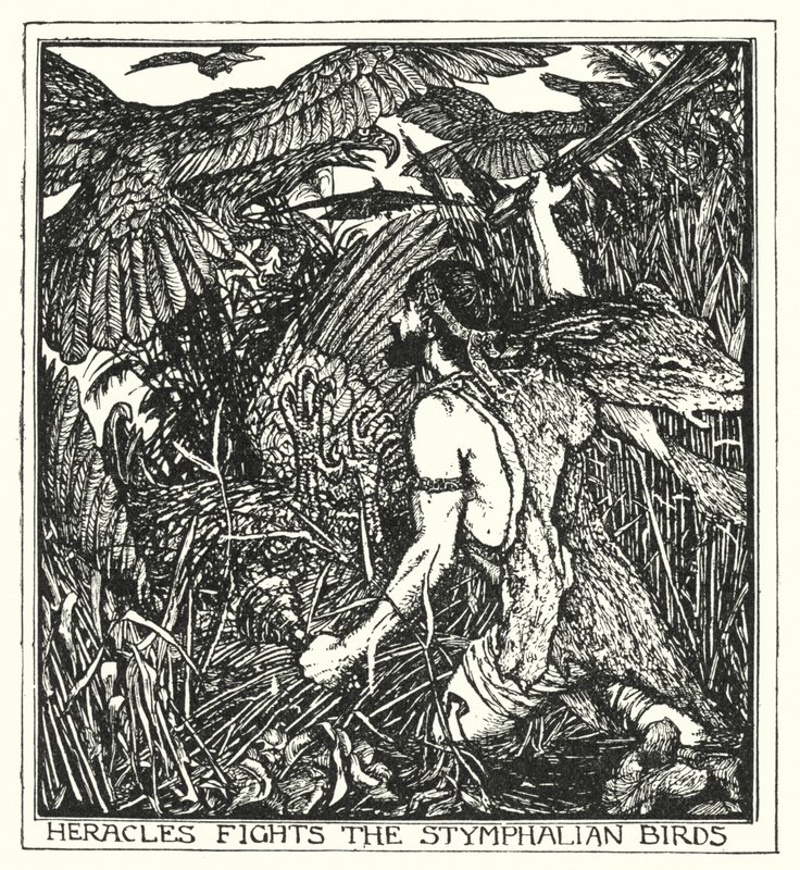 Herakles, Stymphalian kuşlarıyla (lito) savaşır by Henry Justice Ford