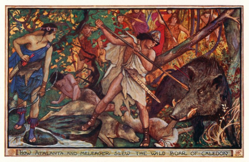 Atalanta ve Meleager, Caledon yaban domuzunu nasıl öldürdü (renkli taş) by Henry Justice Ford