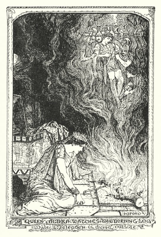 Kraliçe Althea, Meleager dışarıda ölürken yanan kütüğü izliyor (litho) by Henry Justice Ford