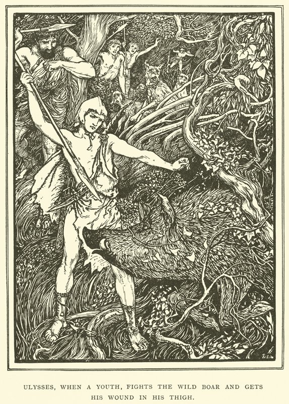Ulysses, Bir Gençken Yaban Domuzuyla Dövüşür ve Yarasını Uyluğuna Alır by Henry Justice Ford