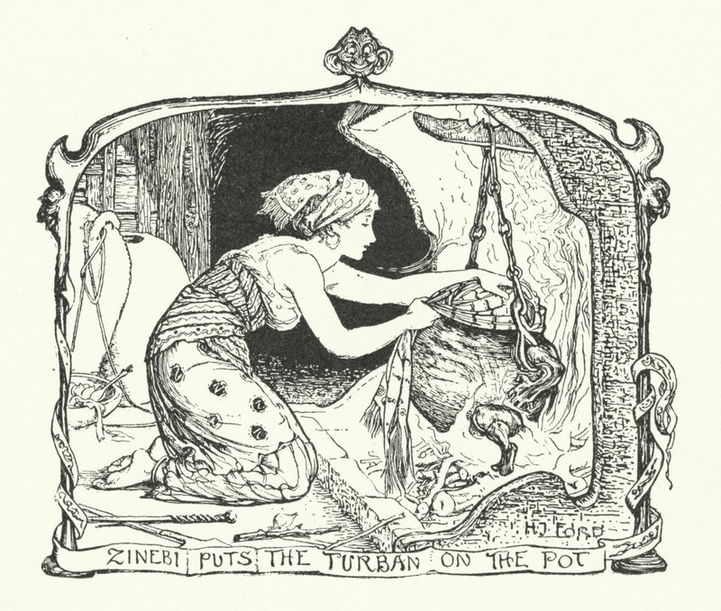 Zinebi Türbanı Tencereye Koyar (gravür) by Henry Justice Ford
