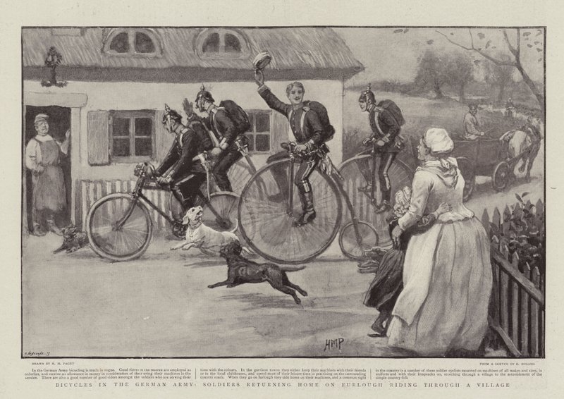Alman Ordusunda Bisikletler, Askerler Bir Köyden Geçerken İzinli Olarak Eve Dönüyor by Henry Marriott Paget