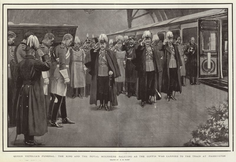 Kraliçe Victoria'nın Cenazesi, Kral ve Tabut Paddington'daki Trene taşınırken selam veren Kraliyet Yaslıları by Henry Marriott Paget