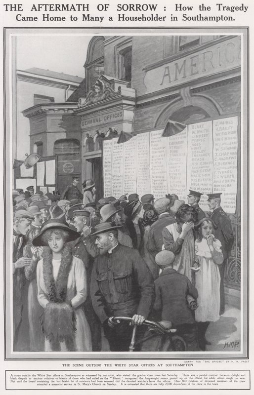 Titanik'in Batışı, Southampton'daki Beyaz Yıldız ofislerinin dışındaki sahne by Henry Marriott Paget