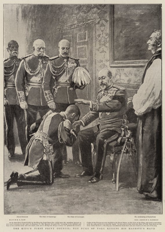Kralın Birinci Danışma Meclisi, York Dükü Majestelerinin elini öpüyor by Henry Marriott Paget