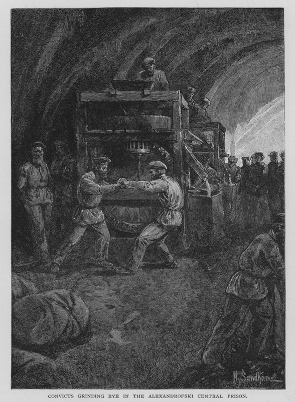 Convicts grinding rye in the Alexandrofski Central Prison (litho) by Henry Sandham