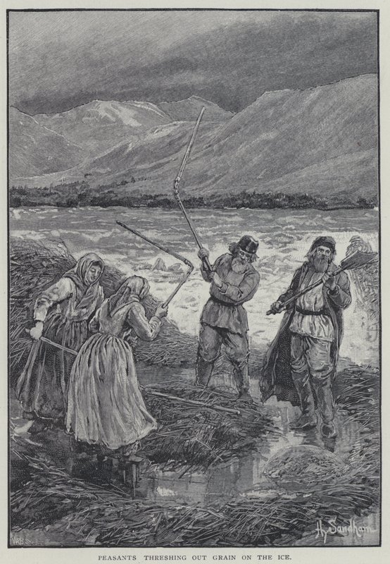 Buz üzerinde tahıl harmanlayan köylüler (lito) by Henry Sandham