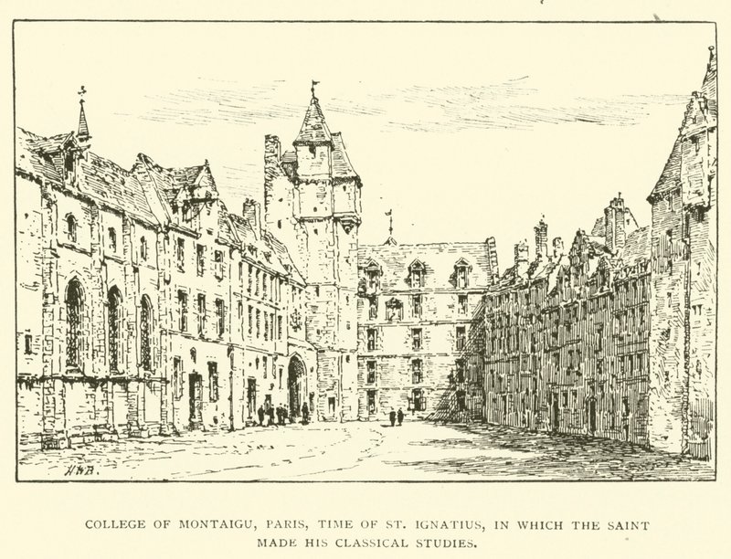 Montaigu Koleji, Paris, azizin klasik çalışmalarını yaptığı St Ignatius zamanı (gravür) by Henry William Brewer