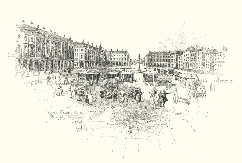 Covent Garden, St Paul Kilisesi Portikosundan, Londra, 1749 (lito) by Herbert (after) Railton