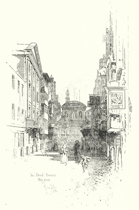 Devil Tavern, Fleet Street, Dr Johnson zamanında (litho) by Herbert (after) Railton