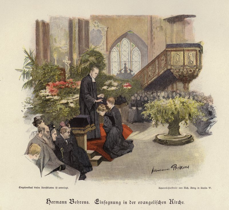 Evanjelik bir kilisede onay hizmeti (renkli gravür) by Hermann Behrens