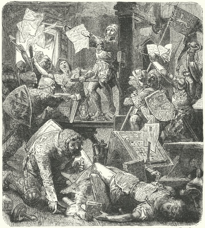 Nassau'lu Adolph II'nin askerlerinin Mainz'e saldırısı sırasında Peter Schoffer'ın matbaa atölyesinin yıkılması by Hermann Vogel