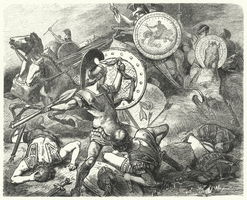 Epaminondas, MÖ 385'te Mantinea Savaşı'nda Pelopidas'ın hayatını kurtarıyor. by Hermann Vogel