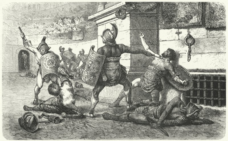 Antik Roma'da arenada savaşan gladyatörler by Hermann Vogel