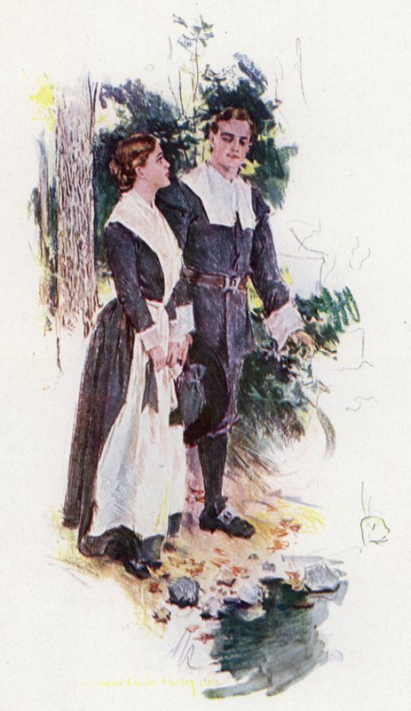 Henry Wadsworth Longfellow'un yazdığı The Courtship of Miles Standish için İllüstrasyon (renkli lito) by Howard Chandler (after) Christy