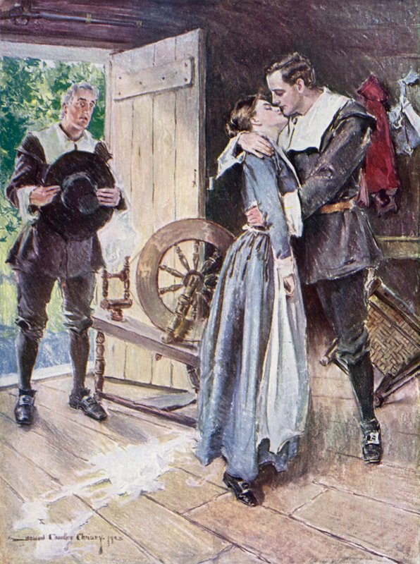 Henry Wadsworth Longfellow'un yazdığı The Courtship of Miles Standish için İllüstrasyon (renkli lito) by Howard Chandler (after) Christy