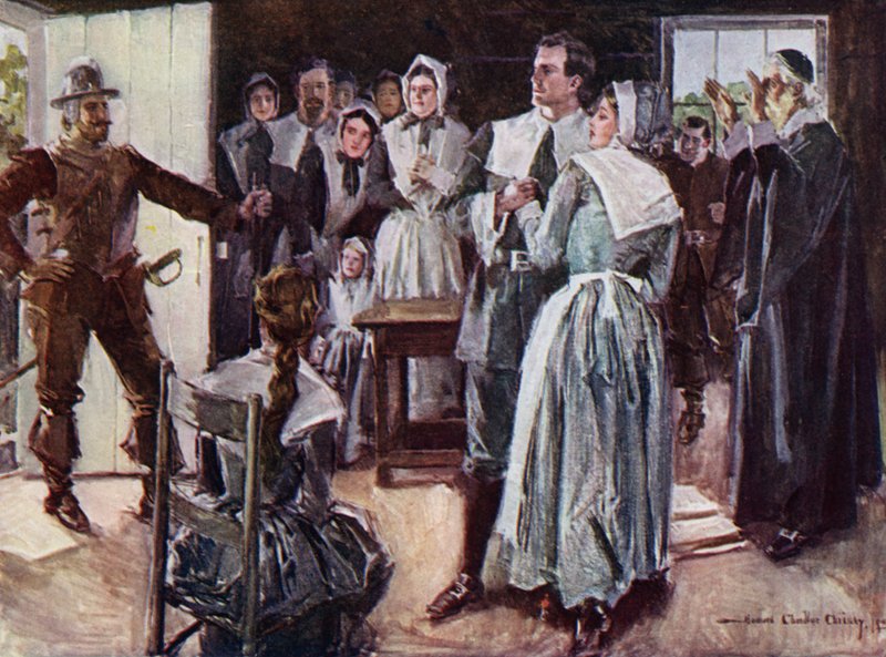 Henry Wadsworth Longfellow'un yazdığı The Courtship of Miles Standish için İllüstrasyon (renkli lito) by Howard Chandler (after) Christy