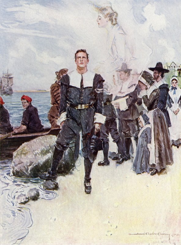 Henry Wadsworth Longfellow'un yazdığı The Courtship of Miles Standish için İllüstrasyon (renkli lito) by Howard Chandler (after) Christy
