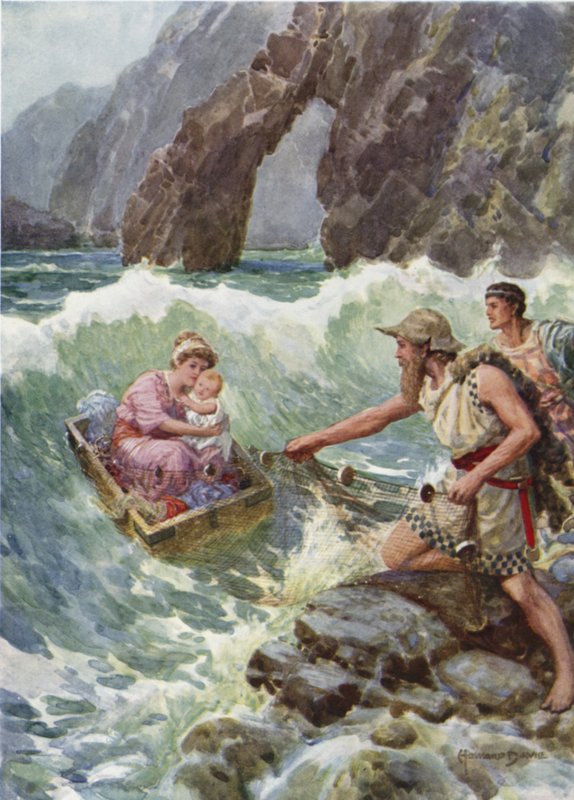 Onu ve bebeği bir kaya çıkıntısının üzerine güvenli bir şekilde çekti. Perseus ve annesinin Seriphos