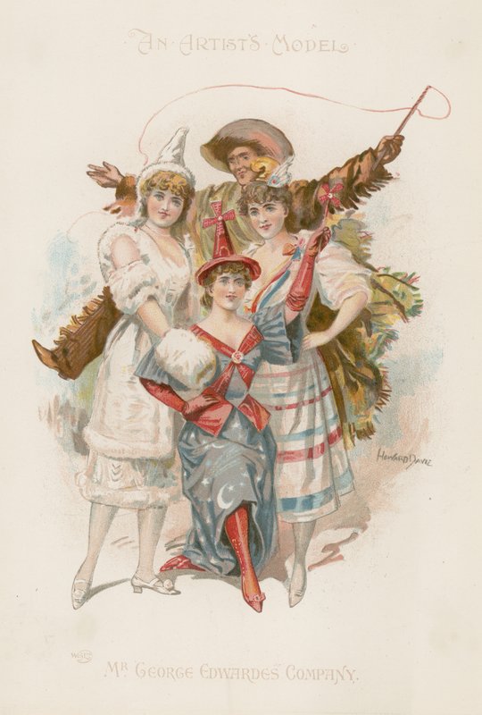 Elinde kırbaç tutan bir adamla kostümlü üç kadın dansçı (renkli taş baskı) by Howard Davie