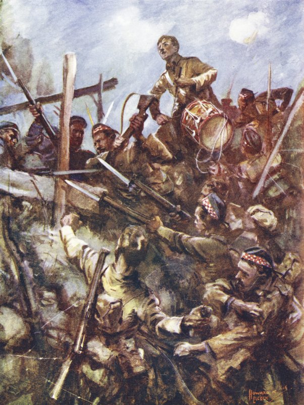 Davulcu Walter Ritchie, ağır makineli tüfek ateşi ve bomba saldırıları altında hücumu seslendirmek için düşman korkuluğu üzerinde duruyor, Beaumont Hamel, Fransa, 1 Temmuz 1916 by Howard K. Elcock