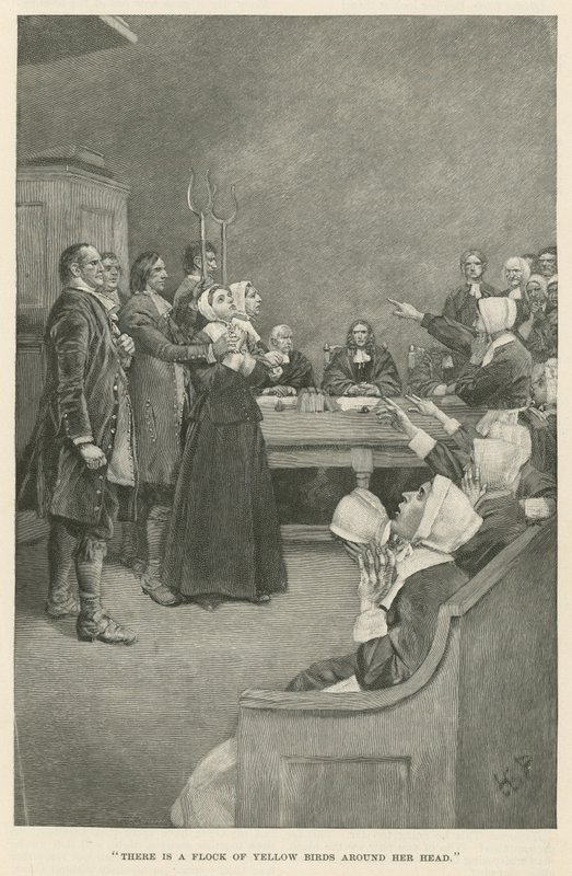 Başının etrafında sarı bir kuş sürüsü var. by Howard Pyle