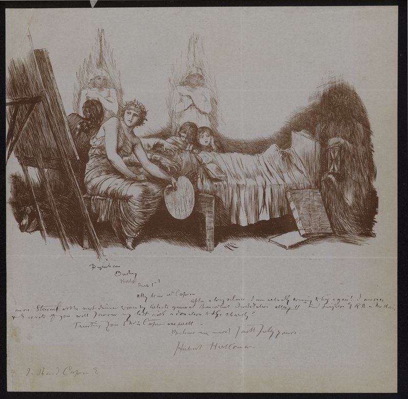 Çocuklar ve şövale ile sanatçı dahil alegorik figürler ile bir ölüm yatağı sahnesi by Hubert von Herkomer
