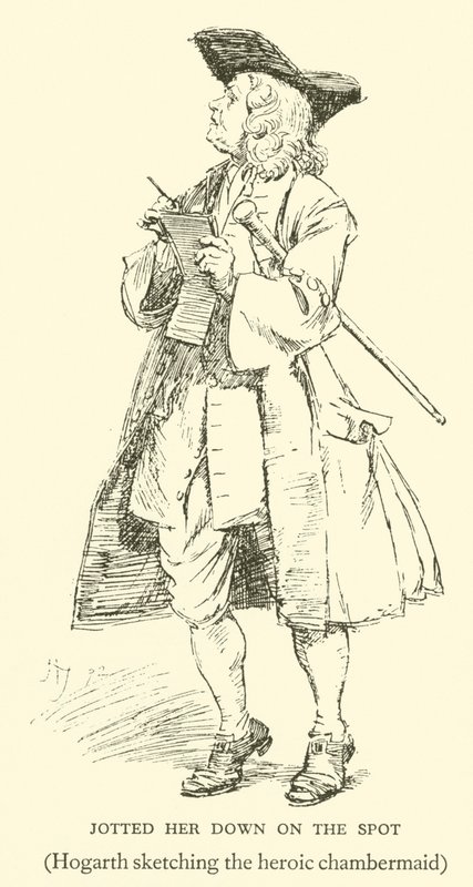 Hogarth, kahraman oda hizmetçisini çizerken (gravür) by Hugh Thomson