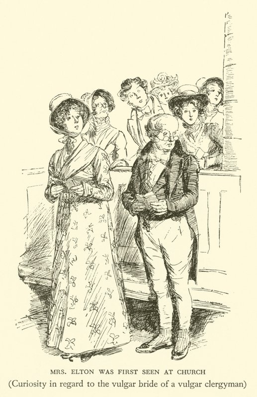 Bayan Elton İlk Olarak Kilisede Görüldü, Kaba bir din adamının kaba geliniyle ilgili merak (gravür) by Hugh Thomson